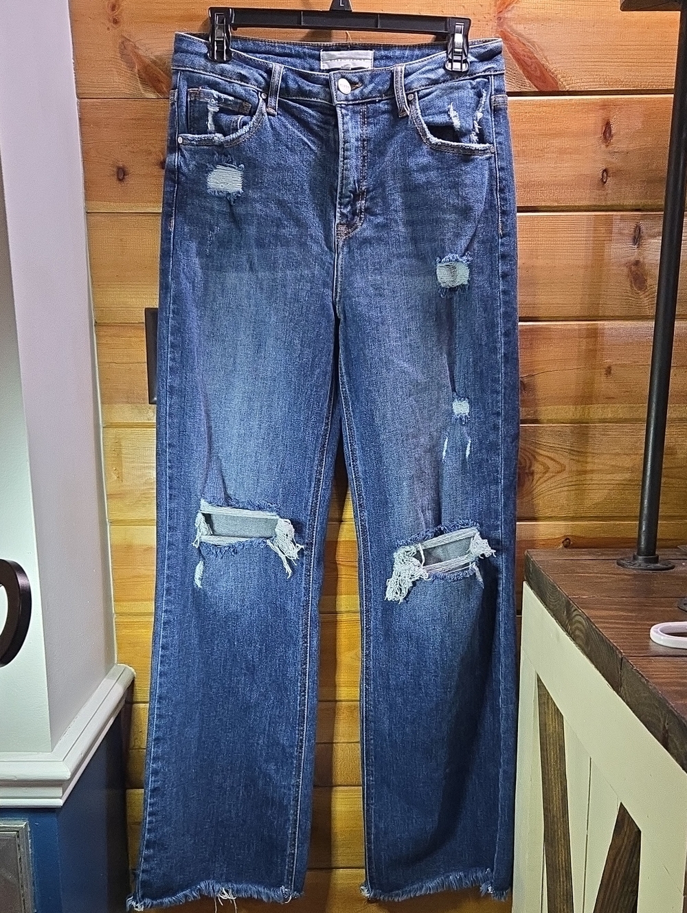 Risen Distressed Blue Denim Jeans - Wide Leg Frayed Hem 11/30